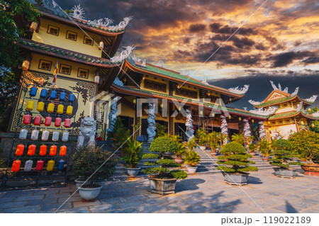 Buddhist temple at Linh ung Pagoda in Da Nang in Vietnam at sunset in summer in Asia 119022189