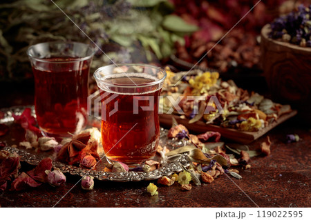 Herbal tea and a mix of various dried medicinal plants and herbs. Herbal tea and a mix of various dried medicinal plants and herbs. 119022595