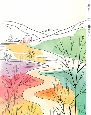 A serene minimalist watercolor painting on a pristine white background, showcasing a field landscape with simple yet vibrant pastel colors 119022616