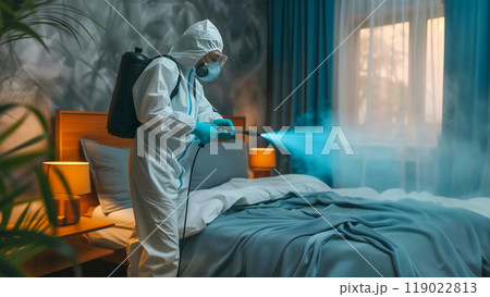 防護服を着た人が消毒作業をするイメージ 防護服を着た人が消毒作業をするイメージ 119022813