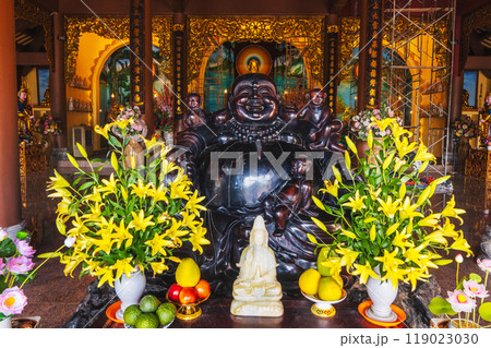 Statue of Happy Hotei inside the Buddhist temple in Asia in Vietnam in Da Nang at Linh Ung Pagoda 119023030
