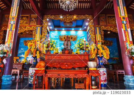 Interior and altar inside Buddhist temple in Asia in Vietnam in Da Nang at the Linh Ung Pagoda 119023033