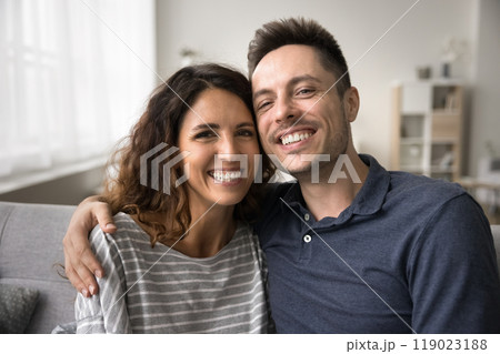 Cheerful attractive couple head shot video call portrait 119023188