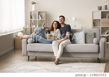 Cheerful millennial husband and wife relaxing on sofa together 119023353