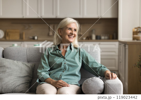 Smiling older female resting on comfortable sofa in studio apartment 119023442