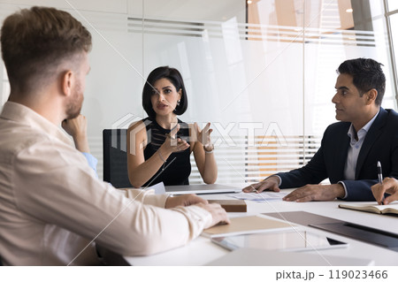 Serious confident young female boss woman holding meeting with colleagues 119023466