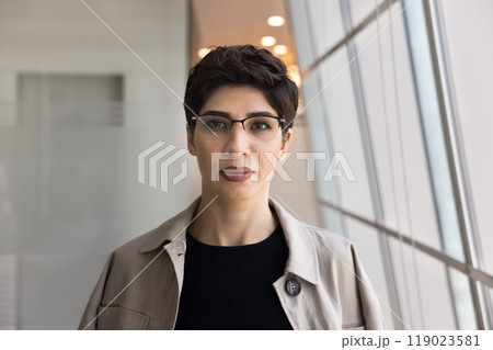 Serious confident short haired businesswoman posing for portrait Serious confident short haired businesswoman posing for portrait 119023581