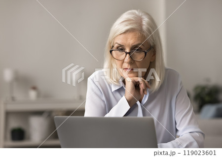 Older businesslady read email, work-related updates or news 119023601