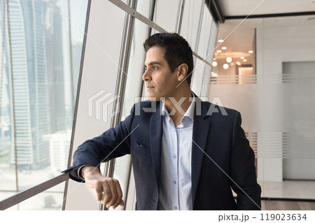 Serious middle aged Indian company leader man thinking on business 119023634