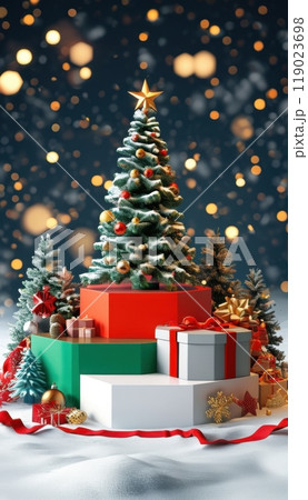 Festive 3D Christmas podiums with toy-inspired designs, featuring empty surfaces and diverse holiday decorations 119023698