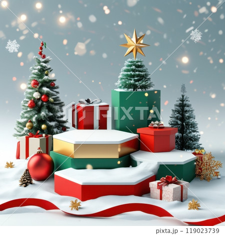 Festive 3D Christmas podiums with toy-inspired designs, featuring empty surfaces and diverse holiday decorations 119023739