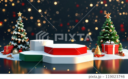 Festive 3D Christmas podiums with toy-inspired designs, featuring empty surfaces and diverse holiday decorations Festive 3D Christmas podiums with toy-inspired designs, featuring empty surfaces and diverse holiday decorations 119023746