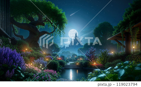 満月の夜の花畑と城　AI生成画像 119023794