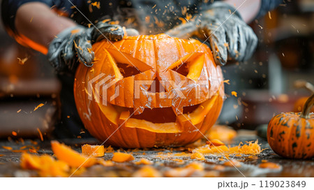 鋭くギザギザの歯を持つハロウィンのカボチャを彫る 119023849