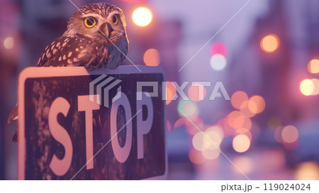 停止標識の上に立つシロフクロウ 停止標識の上に立つシロフクロウ 119024024