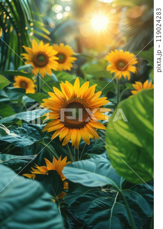 Golden sunflowers bloom in a sunny garden with green foliage, capturing the essence of summer and nature. Ideal for floral and botanical projects with a natural, outdoor feel 119024283