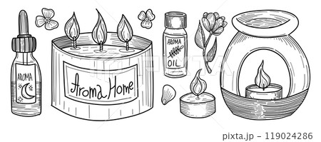 A calming aroma set featuring candles, essential oil bottles, and incense. Ideal for spa, wellness, relaxation, and aromatherapy visuals in home decor or beauty content A calming aroma set featuring candles, essential oil bottles, and incense. Ideal for spa, wellness, relaxation, and aromatherapy visuals in home decor or beauty content 119024286