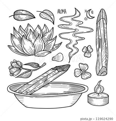 Aromatic palo santo wood sticks incense and lotus flowers create a calming vibe in this spa-inspired illustration. Ideal for wellness blogs and aromatherapy enthusiasts seeking relaxation 119024290