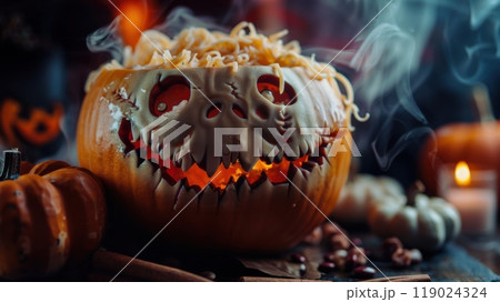 Creepy jack-o-lantern stuffed with noodles and smoking effect. A spooky and festive Halloween dish, ideal for themed parties and eerie holiday celebrations 119024324