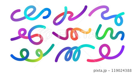 Gradient wavy lines. Abstract rainbow gradient waves, colorful fluid spirals and knots, liquid color twisted geometric shapes. Isolated loops with vivid iridescent vector set 119024388