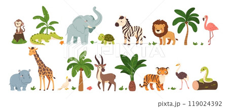 Jungle animals. Cute safari wild mammals. Funny exotic mammal, bird and reptile. Elephant, parrot, lion, crocodile, turtle and palm tree. Kids vector set 119024392