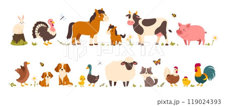 Farm animals. Cartoon domestic pets. Cute countryside livestock. Adorable cow, pig, horse, cat, chicken dog, sheep. Funny birds and animals vector set 119024393