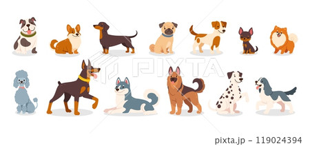 Cute dog breeds. Cartoon puppies and doggy pet. Funny friendly animals characters. Happy corgi, doberman, dalmatian, pug, dachshund. Flat puppy vector set 119024394