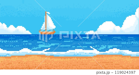 Pixel beach landscape with ship. 8-bit sea coast wave, cloud, sand. Game summer beautiful paradise, yacht in ocean panorama. Retro 2d video vector background 119024397