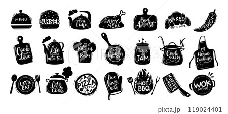 Kitchen lettering. Cooking food lettering, quotes silhouette sticker. Bakery label, cafe and shop menu element, dishes patch. Pizza, burger, wok vector elements set 119024401