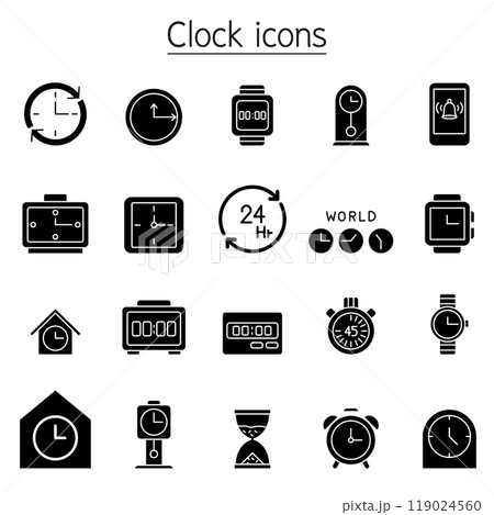 Clock, watch, stopwatch icon set in glyph style 119024560