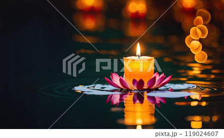 Tranquil Floating Candle with Flowers in Serene Water for Relaxation and Meditation.festive scene for Diwali holiday 119024607