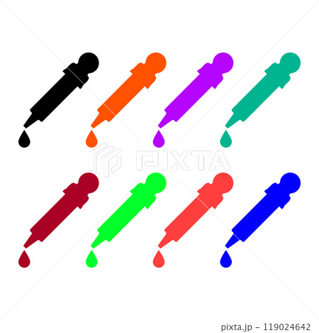 Pipette dropper with a drop. Set of colorful bright vector illustrations and icons. Pipette dropper with a drop. Set of colorful bright vector illustrations and icons. 119024642