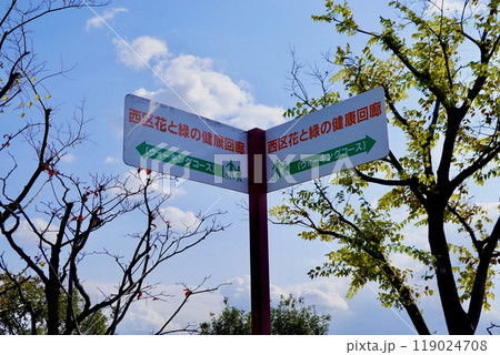 家原大池（えばらおおいけ）公園のウォーキングコースの道標が見える風景　大阪府堺市西区 119024708