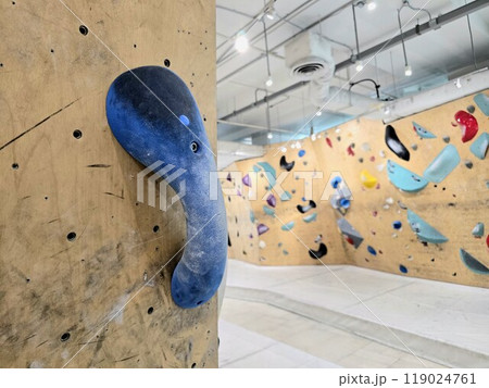 Close up a rock climbing wall. Fitness training in a gym. 119024761