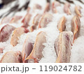 Fresh fish placed on the ice in the supermarket for sale. 119024782