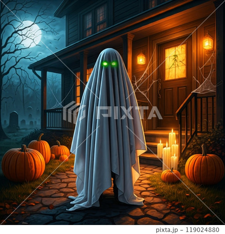 Person Dressed as a Ghost in a White Sheet for Halloween in a Spooky, Festive Setting 119024880