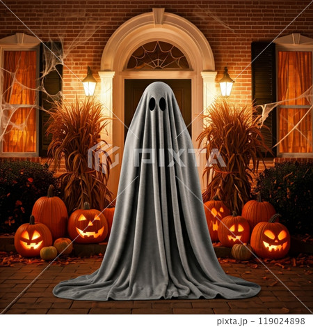 Person Dressed as a Ghost in a White Sheet for Halloween in a Spooky, Festive Setting 119024898