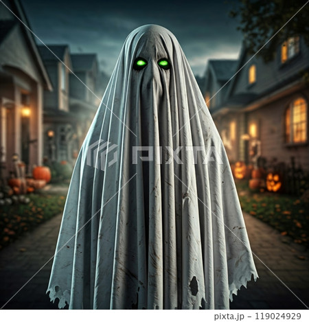 Person Dressed as a Ghost in a White Sheet for Halloween in a Spooky, Festive Setting 119024929