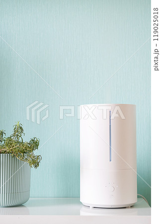 Humidifier with steam coming out from the top on the shelf by potted plant. Humidifier with steam coming out from the top on the shelf by potted plant. 119025018
