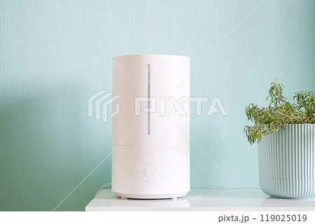Humidifier with steam coming out from the top on the shelf by potted plant. Humidifier with steam coming out from the top on the shelf by potted plant. 119025019