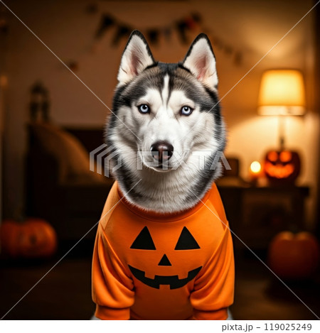 Dog in Halloween Costume with Blurred Spooky Background Festive and Fun Halloween Atmosphere 119025249