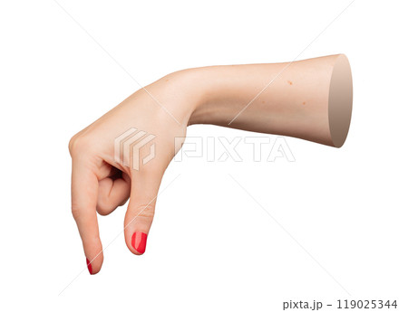 Woman s hand with red polished nails, fingers pinching a small, invisible object, isolated on white 119025344