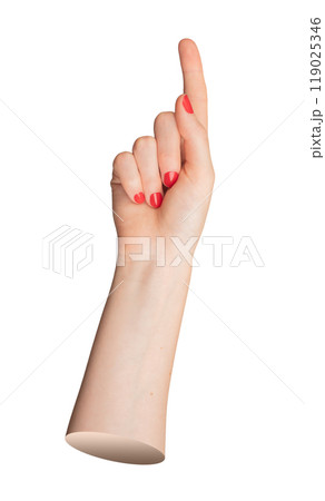 Woman s hand with red polished nails, index finger pointing up, isolated on white background. 119025346