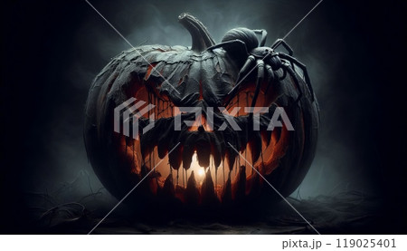 Rotting Jack-O-Lantern with Sinister Glow and Creeping Spider in a Dim, Misty Setting 119025401