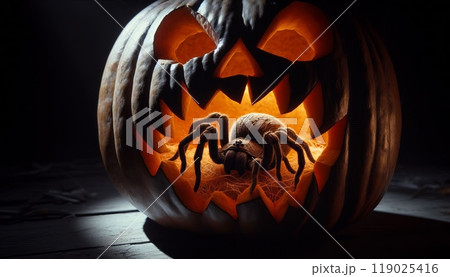 Rotting Jack-O-Lantern with Sinister Glow and Creeping Spider in a Dim, Misty Setting 119025416