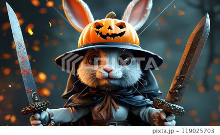 ハロウィンパーティーで戦士の仮装をするウサギ ハロウィンパーティーで戦士の仮装をするウサギ 119025703