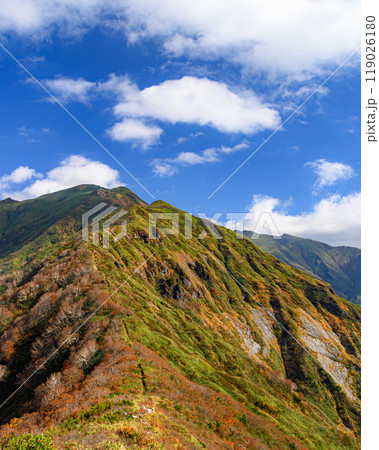 紅葉の谷川連峰・茂倉岳へと続く尾根と青空の絶景 119026180