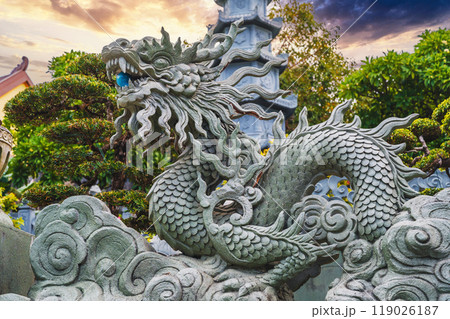 Stone Asian dragon statue on Linh Ung Buddhist Pagoda in Da Nang in Vietnam in Asia 119026187