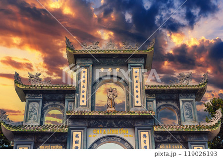 gate at Linh Ung Buddhist pagoda near statue of Lady Buddha in Da Nang in Vietnam in Asia at sunset 119026193