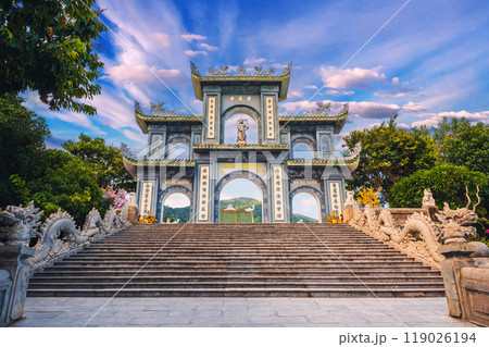 gate at Linh Ung Buddhist pagoda near statue of Lady Buddha in Da Nang in Vietnam in Asia in summer 119026194